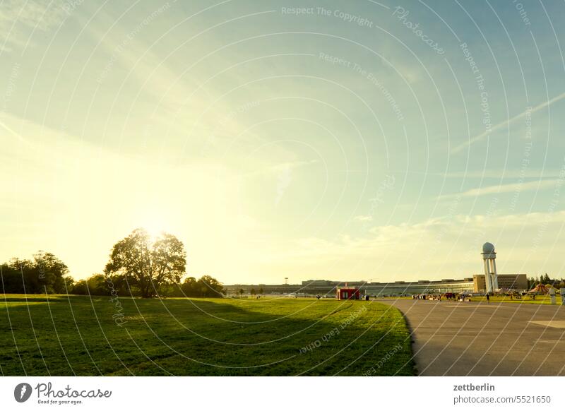 Tempelhofer Freiheit / Tempelhofer Field Evening Berlin Twilight Closing time Far-off places Trajectory Airport Airfield Freedom Spring Sky Horizon Deserted