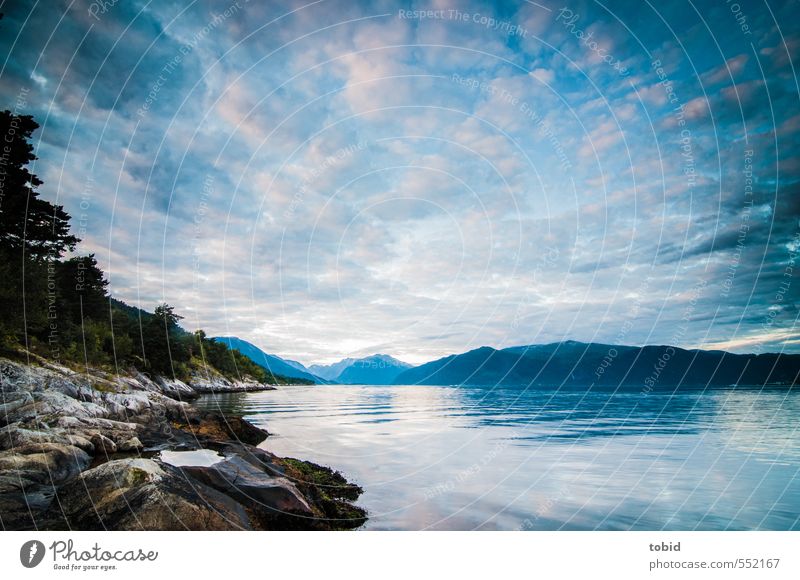 An evening by the fjord Adventure Far-off places Freedom Waves Mountain Nature Landscape Plant Water Sky Clouds Horizon Sunrise Sunset Summer Beautiful weather