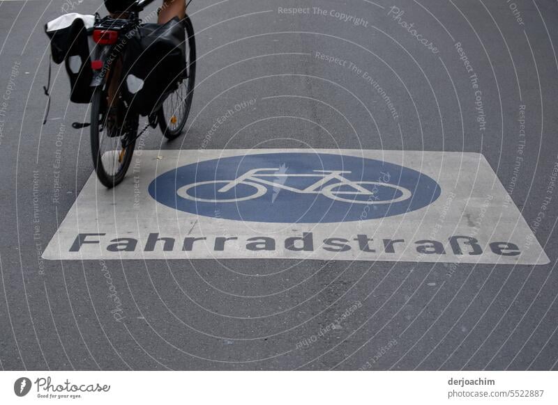 A bicycle rides exemplary on the marked bicycle road. Traffic infrastructure Street Asphalt Signs and labeling Lanes & trails Deserted Colour photo