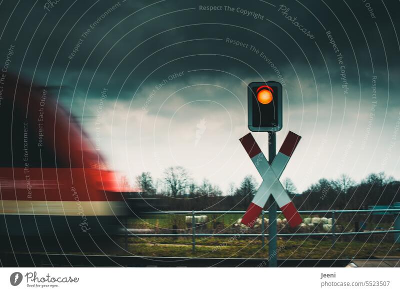 Railroad adventure Train Track Rail transport Speed Railroad tracks Railroad crossing Control barrier Signal Red swift St. Andrew's Cross Driving Public