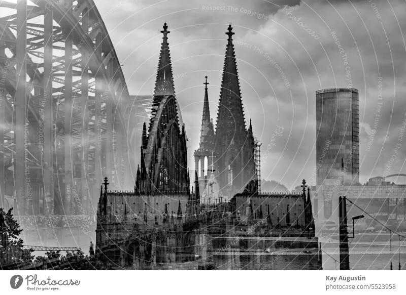 Big city cologne in black and white Double exposure Large city cologne City of Cologne Hohenzollern Bridge Cologne Cathedral Tourist Attraction Skyline