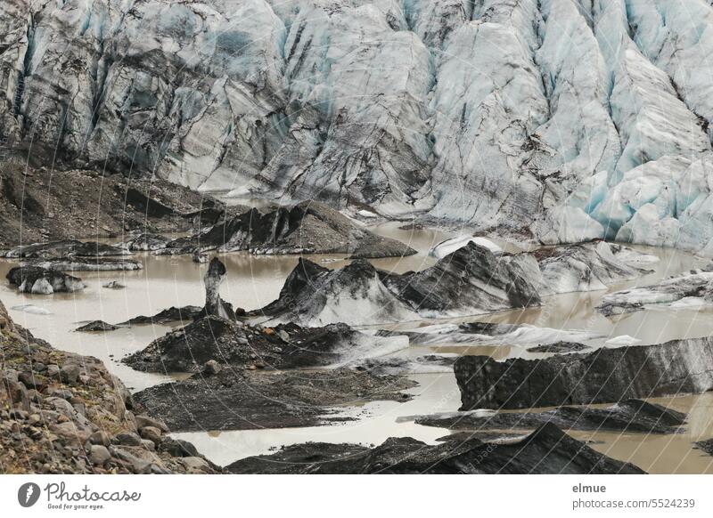 Svinafellsjökull glacier tongue in Iceland / Glacier melting Skaftafell national park Vatnajökull Climate National Park Glacial melt glacier retreat Glacier ice