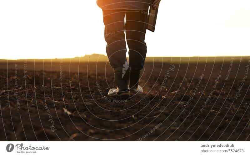 Agriculture. Cropped shot of back view businessman farmer in rubber boots walks along plowed field with digital tablet. Agronomist checking and analyses fertile soil on sunrise. Agribusiness.