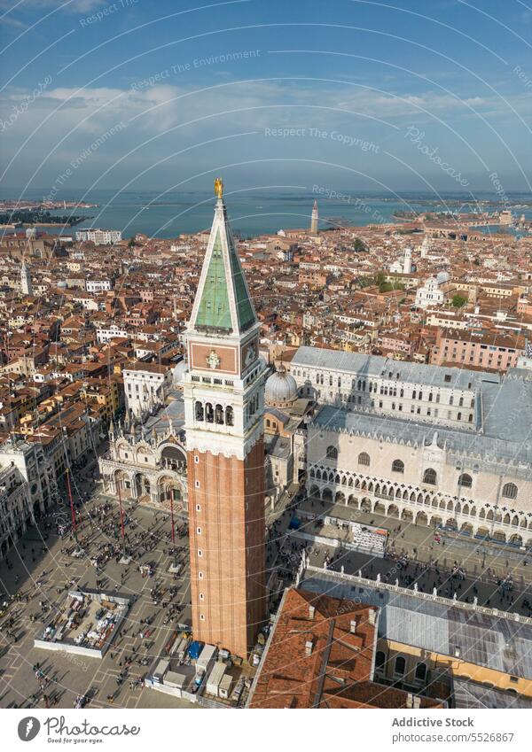 Drone view of church palace city and residential buildings tower architecture square historic exterior medieval culture basilica venice italy france europe