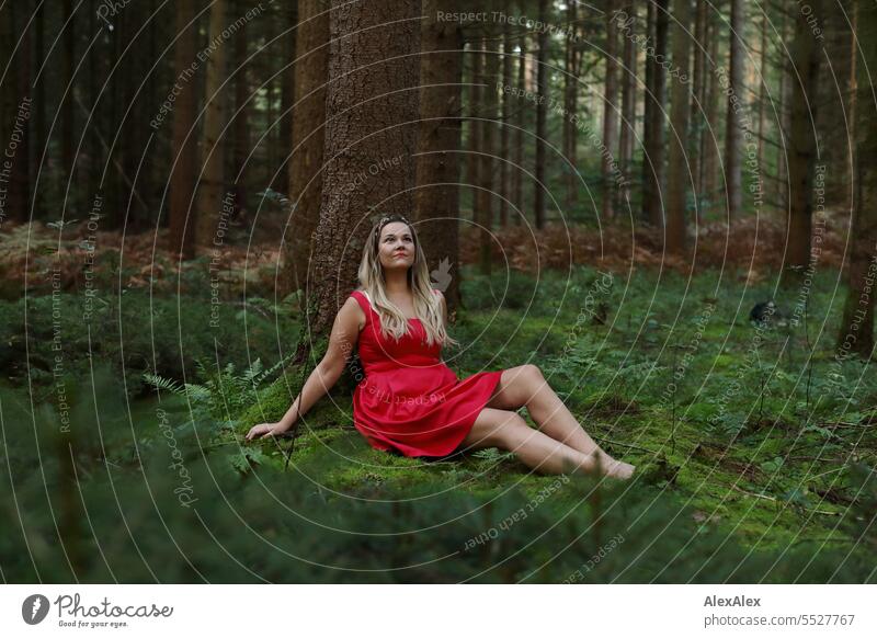 Portrait of beautiful blonde long haired woman sitting in a light forest leaning against a tree and looking upwards Woman pretty Blonde Long-haired Blonde hair