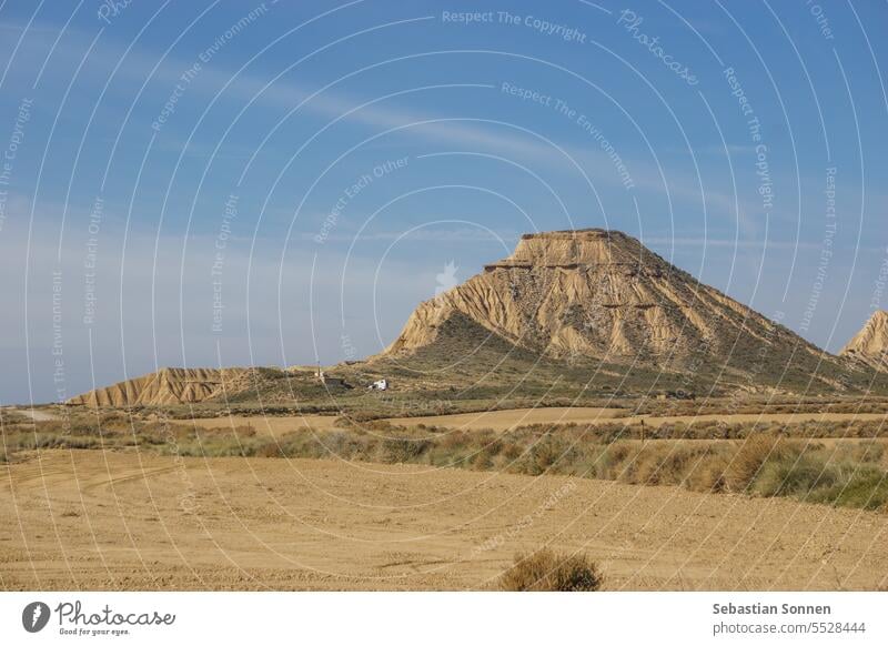 Cabezo de Sanchicorrota or karrera orteera at Desert landscape of the arid plateau of the Bardenas Reales, Arguedas, Navarra, Spain nature desert scenic wild