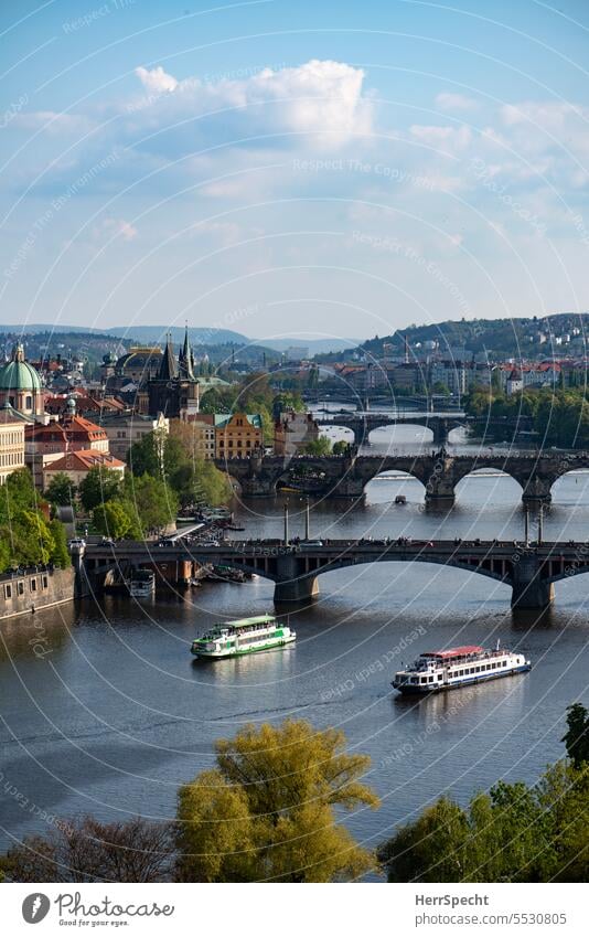 Prague with the Vltava and bridges The Moldau Bridge River Europe Czech Republic Town Vacation & Travel Exterior shot Old town Tourism ships urban City trip