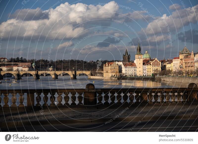 Prague with the Vltava and Charles Bridge The Moldau River Europe Czech Republic Town Vacation & Travel Exterior shot Old town Tourism urban City trip