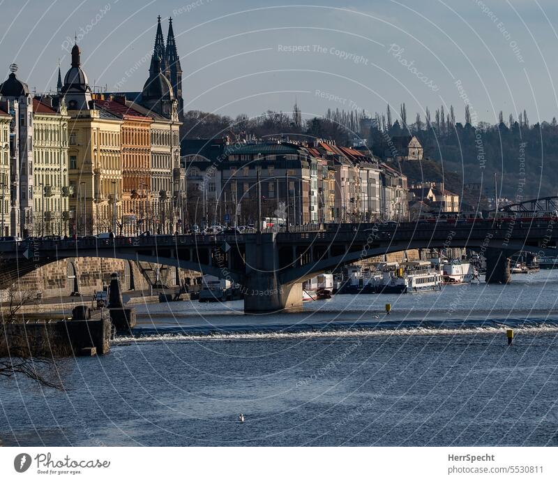 Prague with Vltava river bank road and bridge The Moldau Bridge River Europe Czech Republic Town Vacation & Travel Exterior shot Old town Tourism ships urban