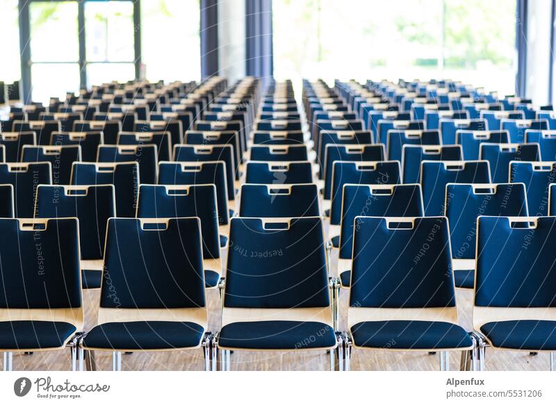 Parallel world | uninhabited Row of chairs Empty Seating Seating capacity Deserted Event Places Free Row of seats Chair Structures and shapes Sit Many