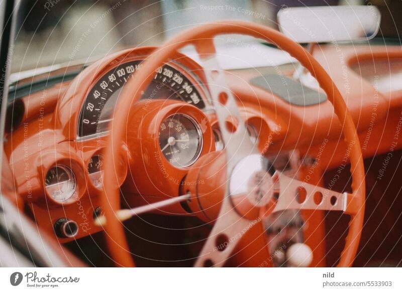 View into the cockpit - Classic Cars - Oldtimer classic car Vintage car Oldtimer meeting interior Cockpit Driver Sports car Rev counter Circuitry Hand switch