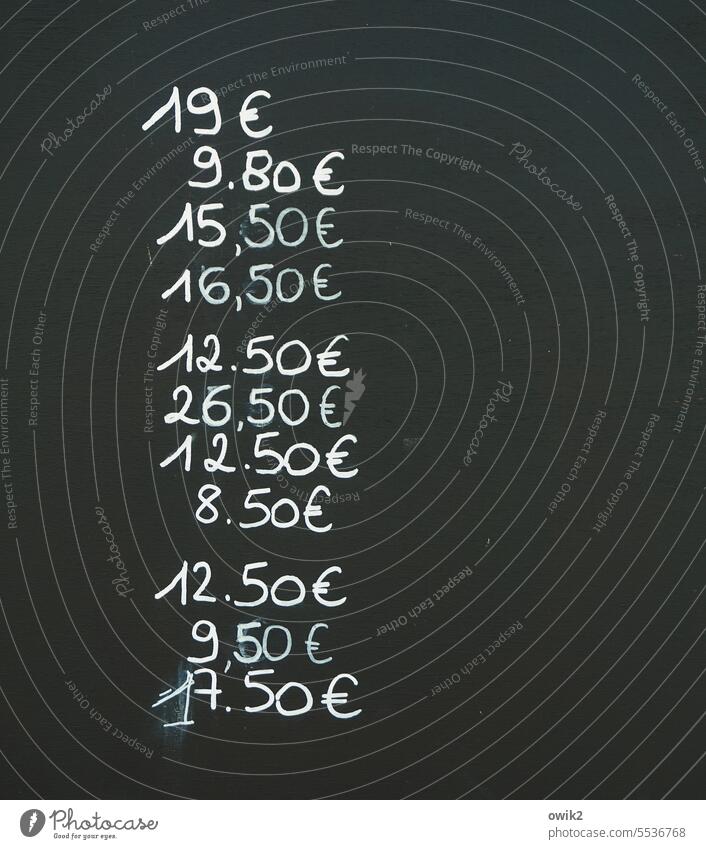 Everything becomes more expensive Scoreboard Signs and labeling figures Numbers Prices Expensive Characters Exterior shot food prices Bistro Euro € two-digit