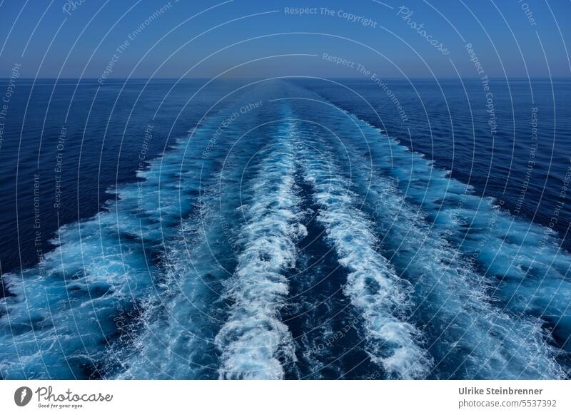 Wake of a ferry in the Mediterranean Sea wake stern Swirl Water Ocean Mediterranean sea Ferry Transport ship Navigation Sardinia Blue White Foam crowns