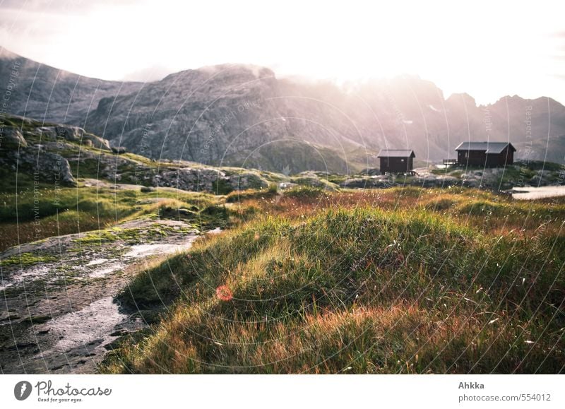 Goal achieved Harmonious Senses Calm Vacation & Travel Adventure Far-off places Freedom Nature Landscape Water Grass Rock Mountain Bog Marsh Hut Emotions Moody