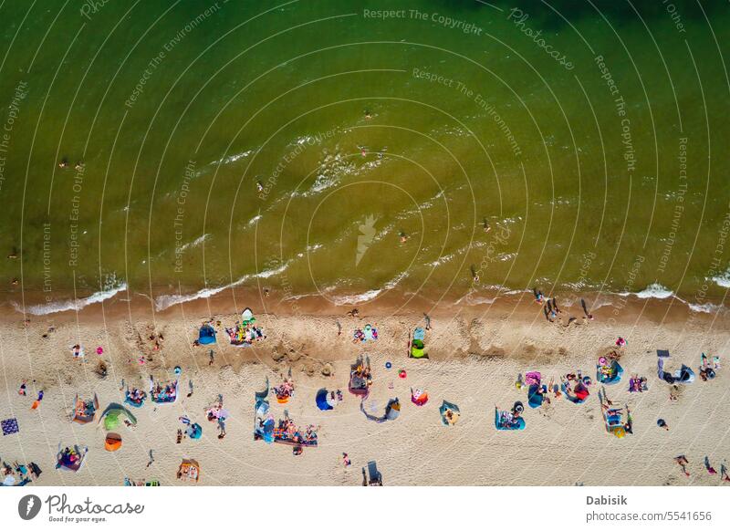 Aerial view of Baltic Sea beach with swimming people in Wladyslawowo, Poland sea baltic crowded summer poland sunbathing season wladyslawowo coastline landscape