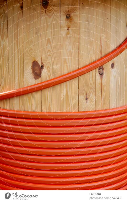 settlement cable reel Cable Coil Hose Transmission lines Electricity Technology Wood Orange Round Process Arrangement neat Construction site Energy