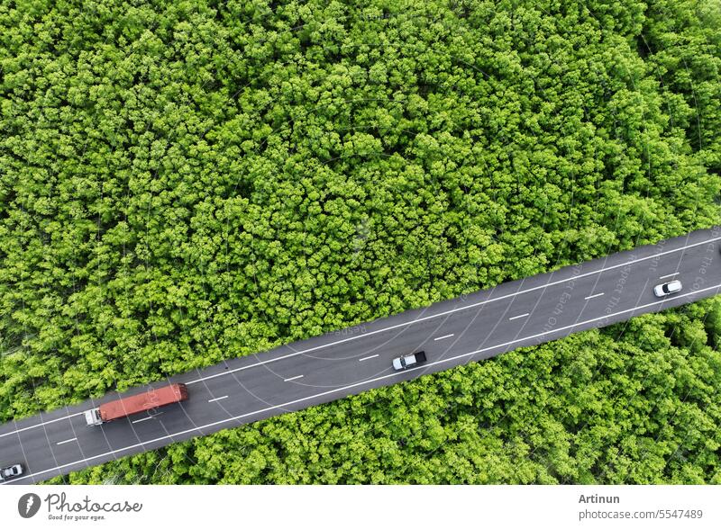 Aerial top view of car and truck driving on highway road in green forest. Sustainable transport. Drone view of hydrogen energy truck and electric vehicle driving on asphalt road through green forest.