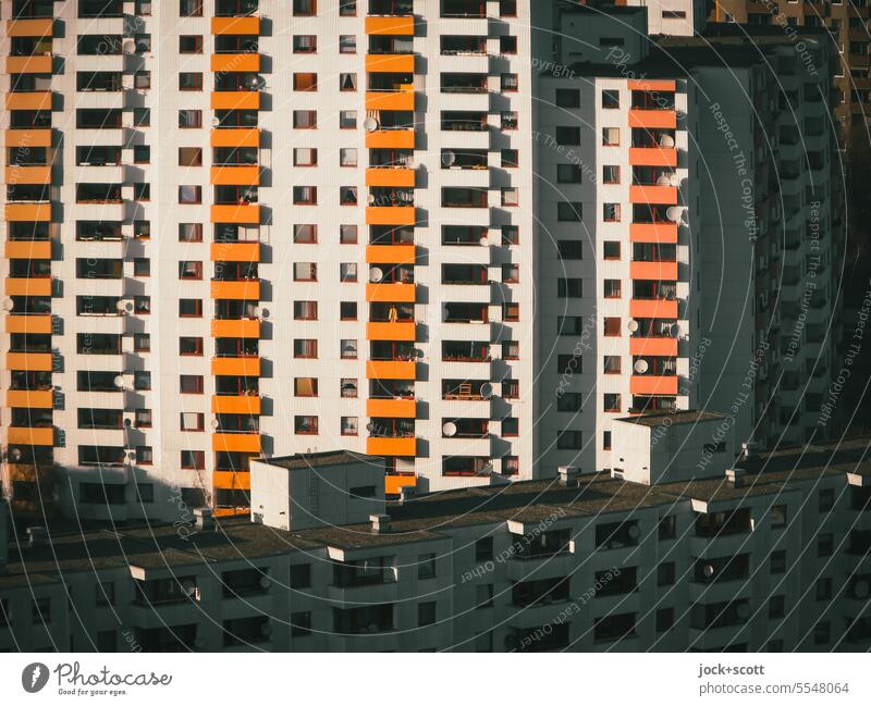 Light and shadow in social housing Facade Architecture High-rise Symmetry Style Gropiusstadt Berlin Modern Gloomy Anonymous Sixties Structures and shapes