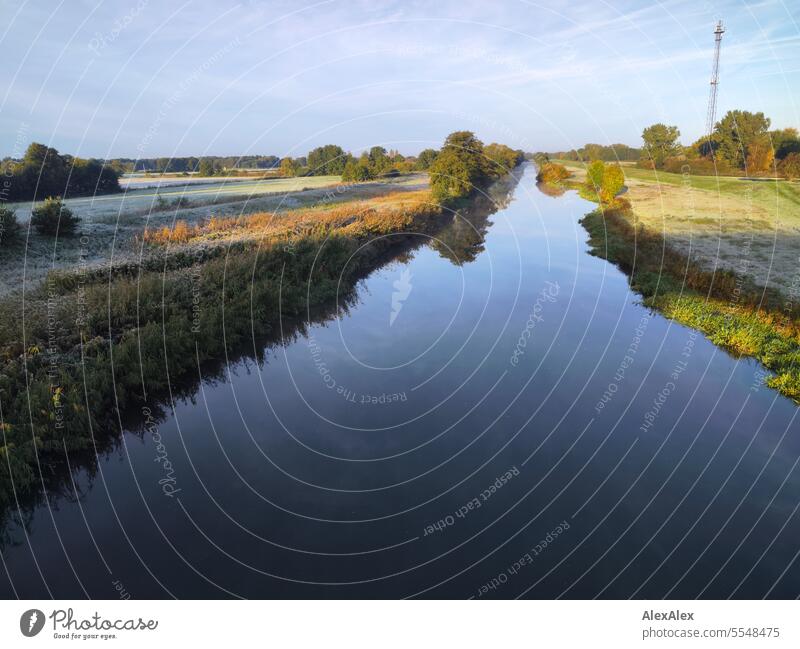 The Imenau from half above in the morning between dikes and meadows, dew and hoarfrost, beautiful weather Ilmenau River River bank Morning Beautiful weather