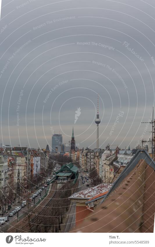 View over Schönhauser Allee with television tower Prenzlauer Berg Autumn Colour photo Television tower Roof Skyline Mono rail Berlin Architecture