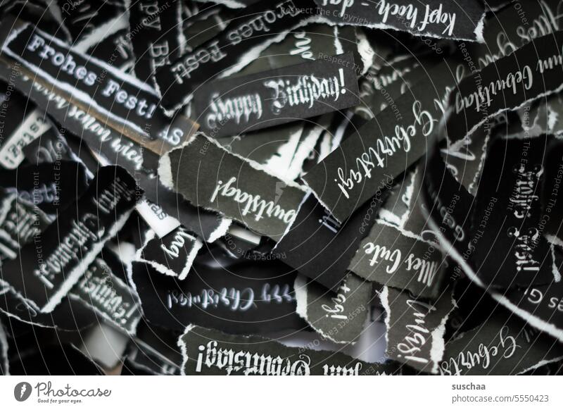 paper strips with greetings Paper Stripe Torn torn down Black black paper words Salutation birthday greeting christmas greetings Christmas card