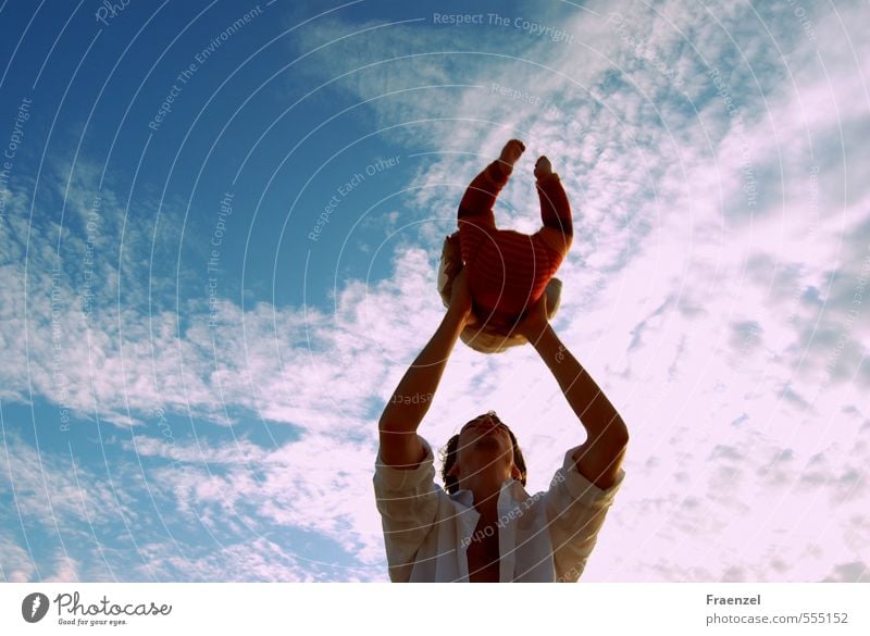 Skywards Baby Toddler Young man Youth (Young adults) Father Adults Infancy Nature Air Clouds Summer To swing Throw Happy Wanderlust Contentment Earth Future