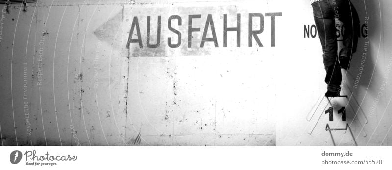 exit Way out Emergency exit Man Footwear Rung Ascending Black White Underground garage Garage Highway ramp (exit) dommy Stairs Ladder Tall Walking