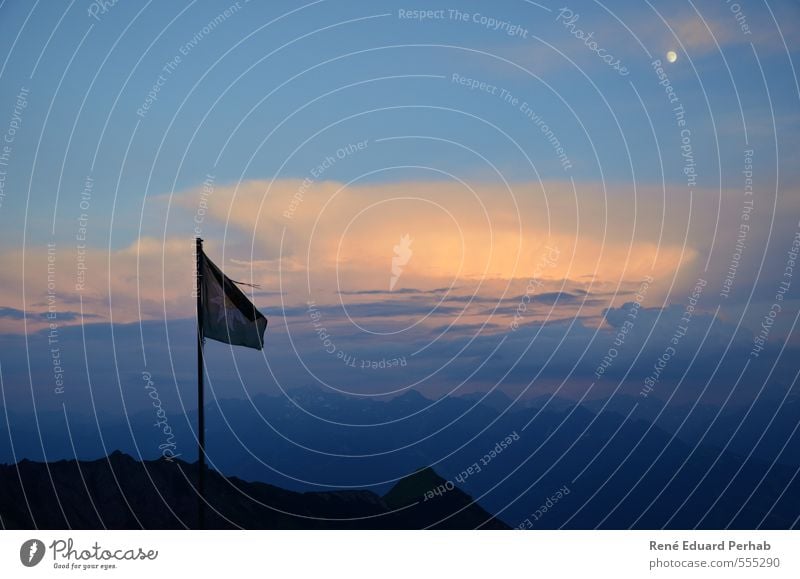 Flag in the sunset and with the moon... Environment Nature Landscape Air Sky Clouds Night sky Moon Summer Climate Weather Beautiful weather Wind Alps Mountain