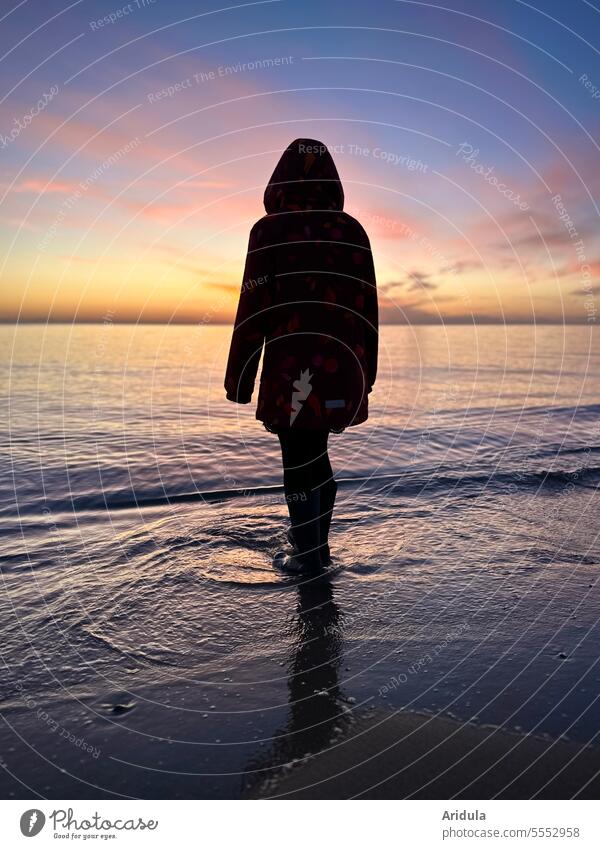 Child on the Baltic Sea at sunrise Ocean Sunrise Back-light Beach coast Sunlight Landscape Waves Water Sky Vacation & Travel Nature Color gradient Human being