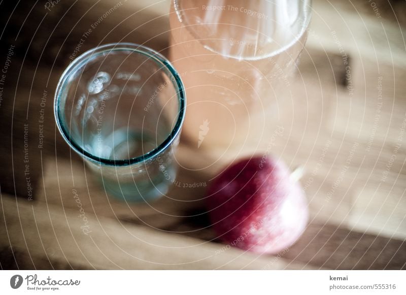 Kitchen | Apple juice Food Fruit Nutrition Beverage Cold drink Juice Bottle Glass work surface Wood Fresh Healthy Delicious Red Colour photo Subdued colour