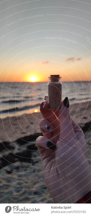 Sand in glass on beach Sandy beach Beach Glass Vacation & Travel Ocean Summer Relaxation coast Waves vacation Water Summer vacation Beautiful weather Souvenir