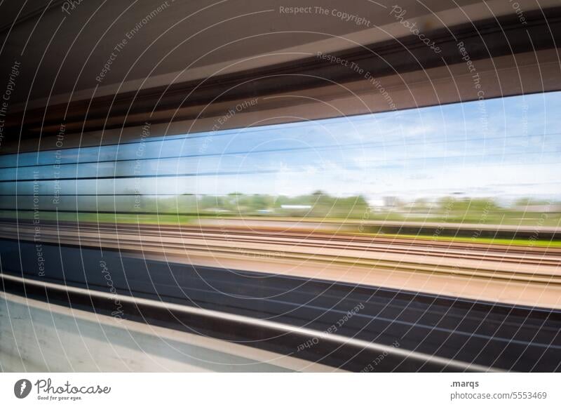 train ride motion blur Speed Driving Transport Beautiful weather Movement Train travel Meadow Sky Landscape Trip Vacation & Travel Future Wanderlust