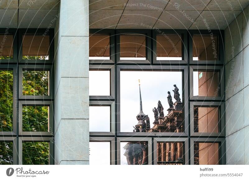 mirrored baroque facade in a modern architecture Baroque Facade Abstract Architecture Dresden Old town Tourism City trip Culture Town Saxony Germany