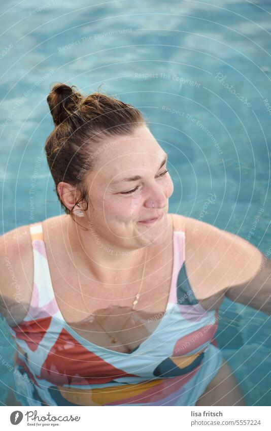 BATHING MERMAID - BATHING - HAPPY Woman Naiad Water pool Swimsuit Grinning Smiling Happiness Looking away bathing fun Summer free time Joy vacation Relaxation