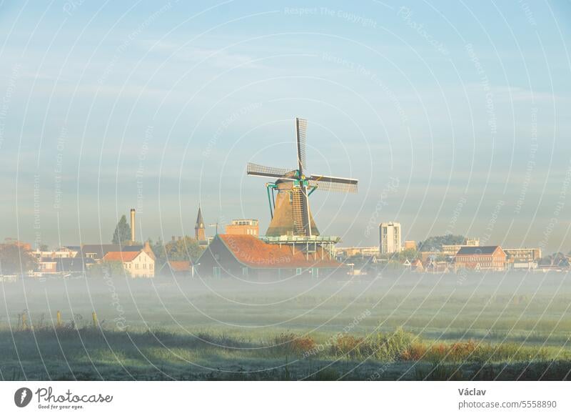 Popular tourist spot Zaanse Schans is near Amsterdam in the west of the Netherlands. Historical, realistic windmills during sunrise. Holland's landmark