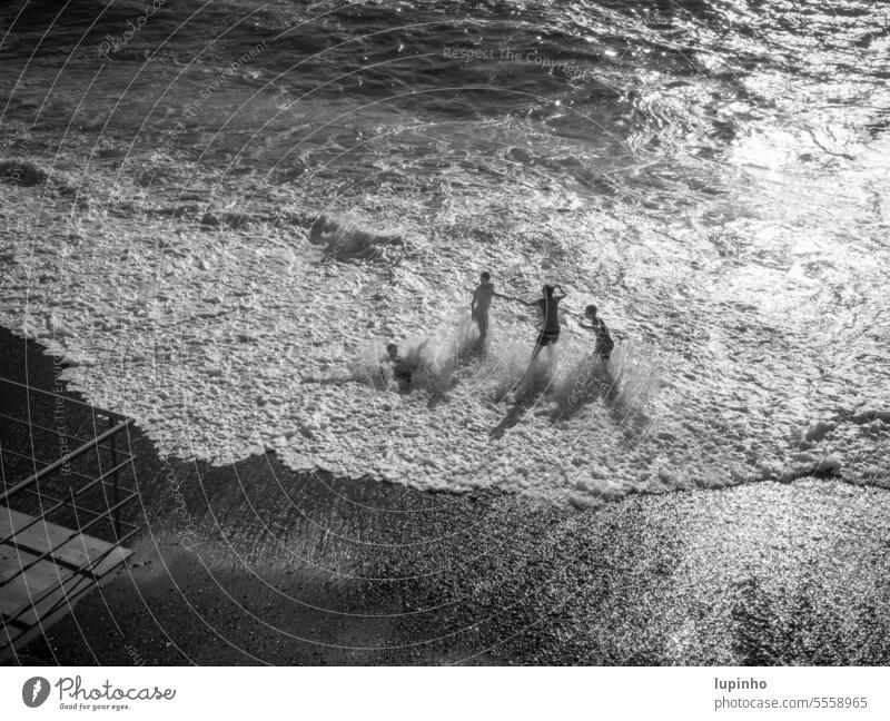 Three children playing in the surf three Playing Surf Ocean Foam White crest wave black-and-white silver Back-light from above vacation fun Sand pebble