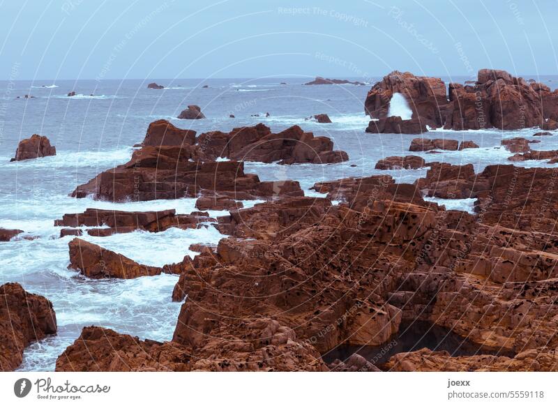 Sea meets rocky coast in Brittany Water Ocean Sky Waves Rock Horizon Exterior shot Brest stones Landscape Deserted Brown Day wildly romantic Wanderlust