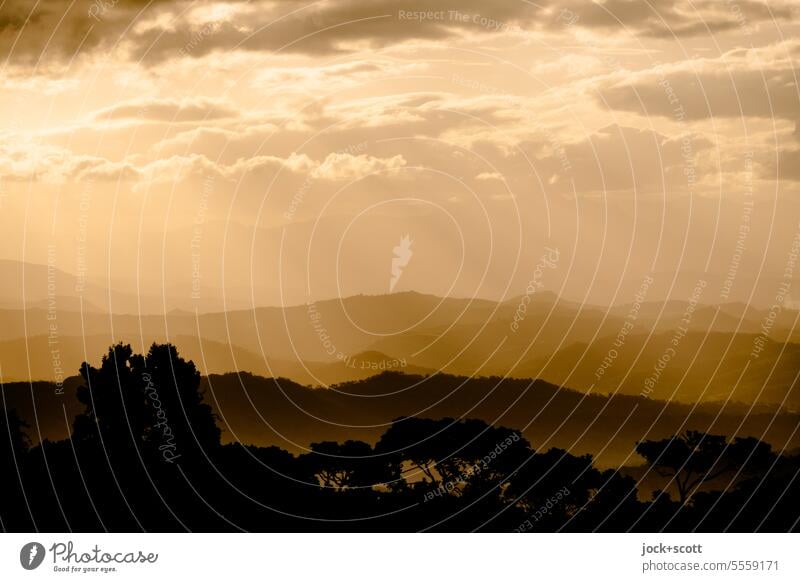 Evening light lays warmly on the landscape with a panoramic view Mountain evening light Landscape Nature Sky Sunset Clouds Panorama (View) National Park