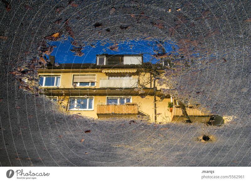 Apartment building in puddle Reflection Puddle Wet House (Residential Structure) optical illusion Apartment Building Perspective dwell Gray Water Window Balcony