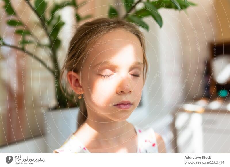 Child spraying water on leaves of plant girl portrait leaf care botany fresh potted growth monstera female white dress foliage thoughtful eyes closed home flora