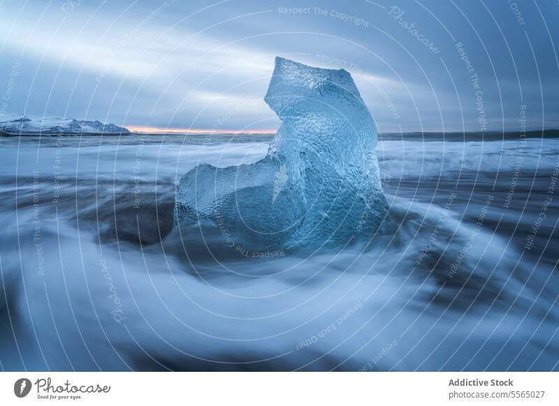 Broken ice floating in sea water on black beach in Iceland iceland diamond beach highland landscape coast wave ocean ripple cloudy sky winter black sand glacier