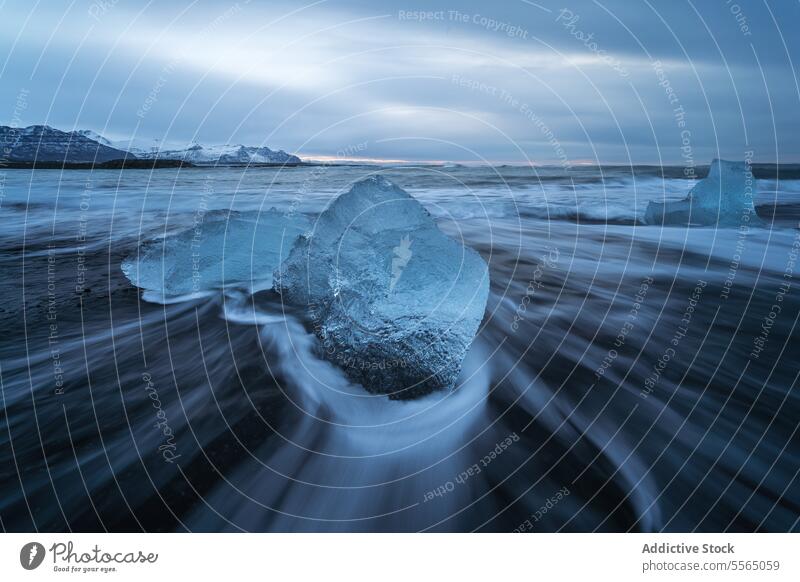 Broken ice floating in sea water on black beach in Iceland iceland diamond beach highland landscape coast wave ocean ripple cloudy sky winter black sand glacier