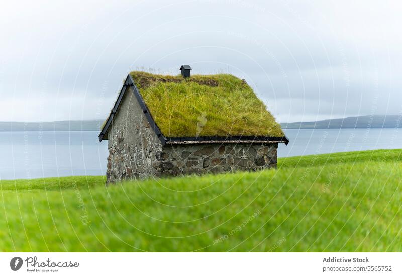 Lonely house on green meadow near sea island village landscape coast nature grassy cottage trip travel road trip faroe islands roadtrip denmark seaside building