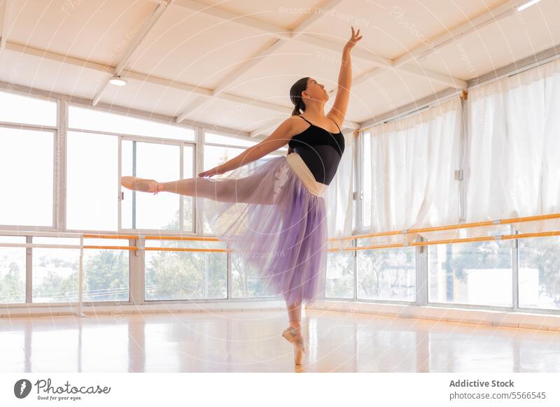 Ethereal ballet pose in sunlight dancer studio elegance leotard black purple skirt window arch posture arm extension back pointe shoe flow artistry performance