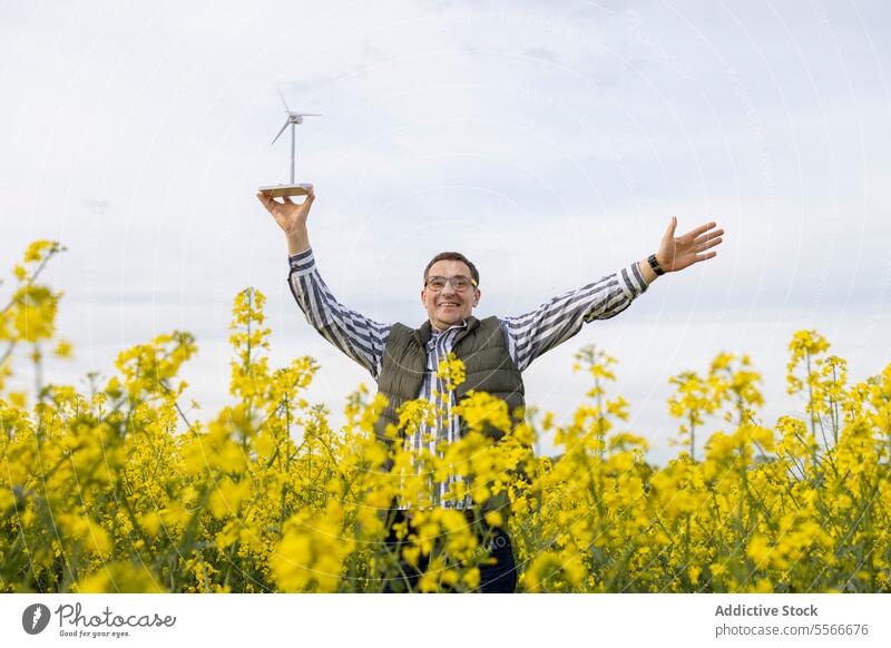 Happy mature man with glasses celebrating renewable energy amidst blossoms. wind turbine model field flower yellow raise joy arms celebration nature