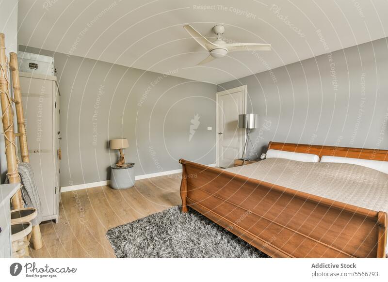 Spacious bedroom with bed and wardrobe lamp fan apartment rug interior spacious contemporary comfortable large closet ladder wood door grey wall copy space