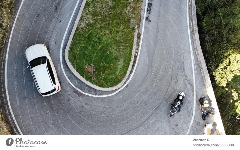 Brasa Gorge Lake Garda aerial view hairpin bend mountain road car Motorcycle Italy Garda Mountains