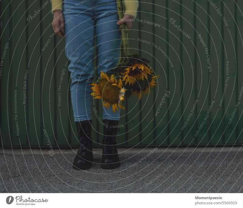 sunflowers Sunflower Sunflowers Boots jeans Green Yellow Peace Autumn Peaceful Sunflower field pretty Exterior shot Stand Wait Human being Bouquet Surprise