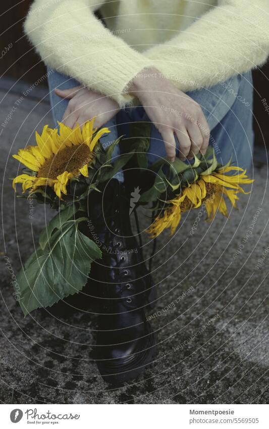 sunflowers Sunflowers Boots Peace Footwear leather boots peace offer Sit Wait Demonstration demonstrate protest Protest Legs Woman Clothing Fashion Colour photo