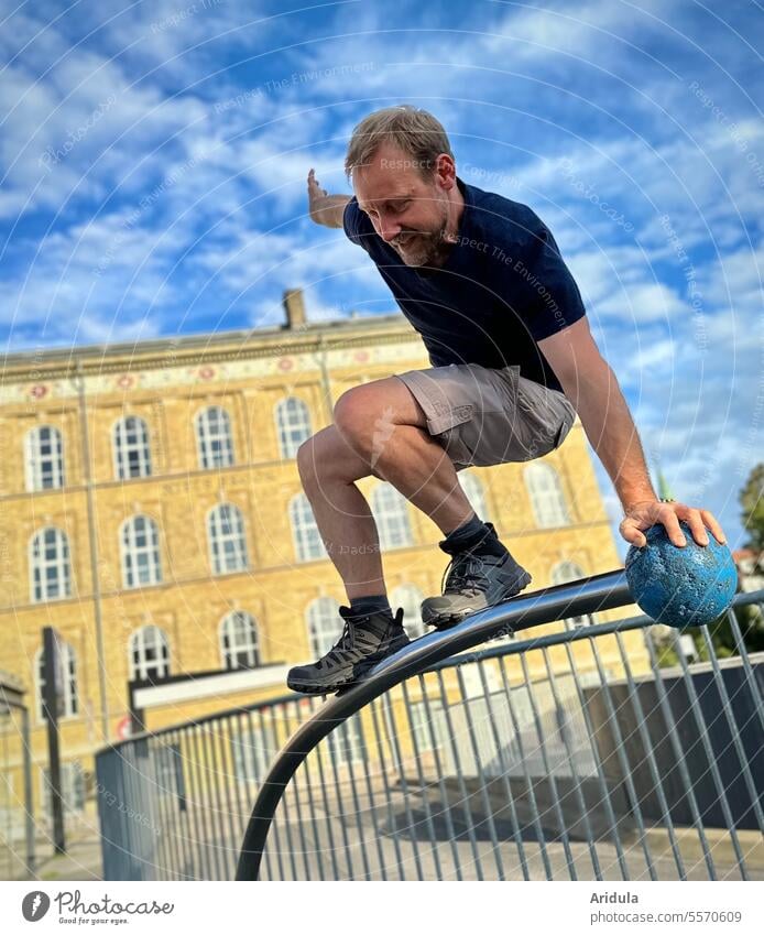 consciousness-raising | man "gymnastics" through the city Man Town Parkour Climbing Gymnastics Athletic urban Human being rail House (Residential Structure)